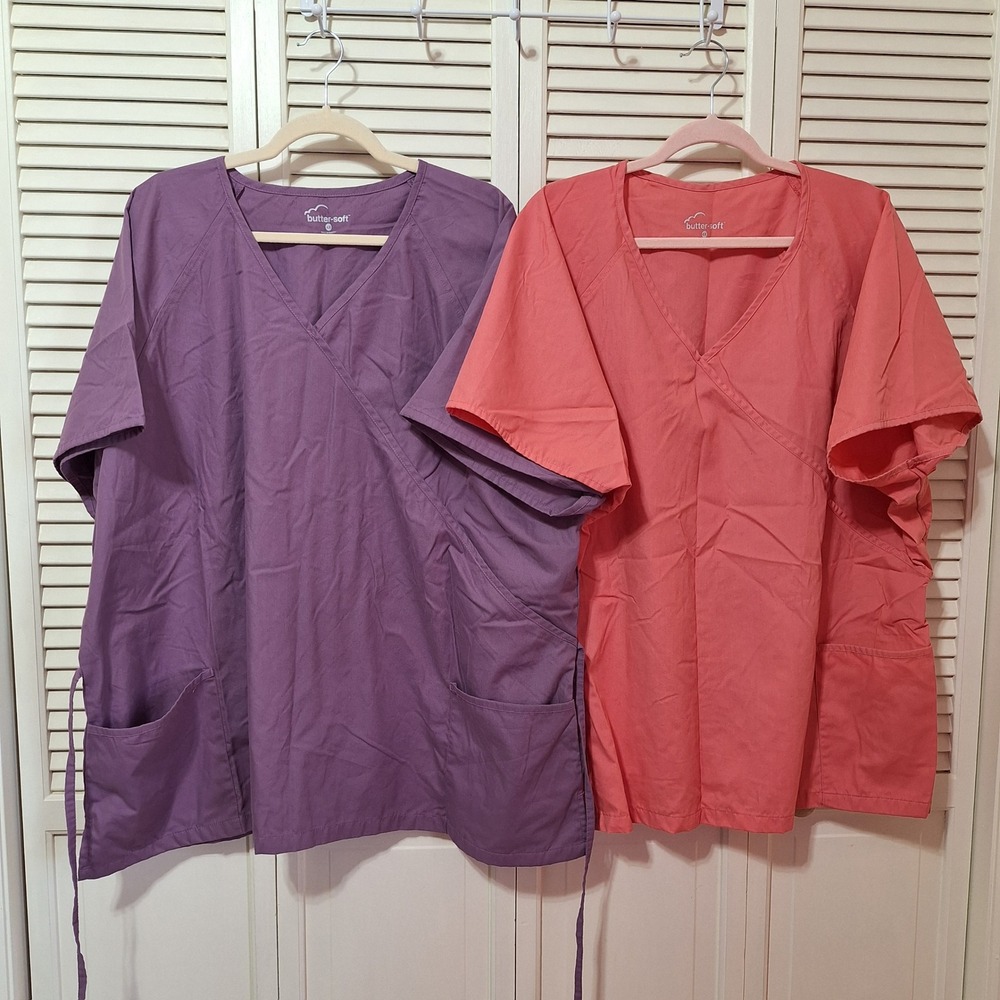 Butter-Soft Scrub Tops 2 Pack Purple Coral Pink Mock Wrap V-Neck Plus Size 4X